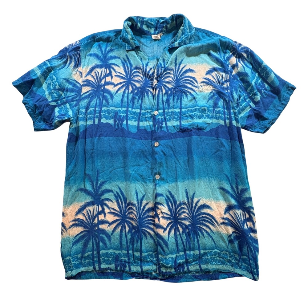 Koko Knot Hawaiian Shirt Mens L Blue Palm Tree Surfer Tropical Camp Button Down